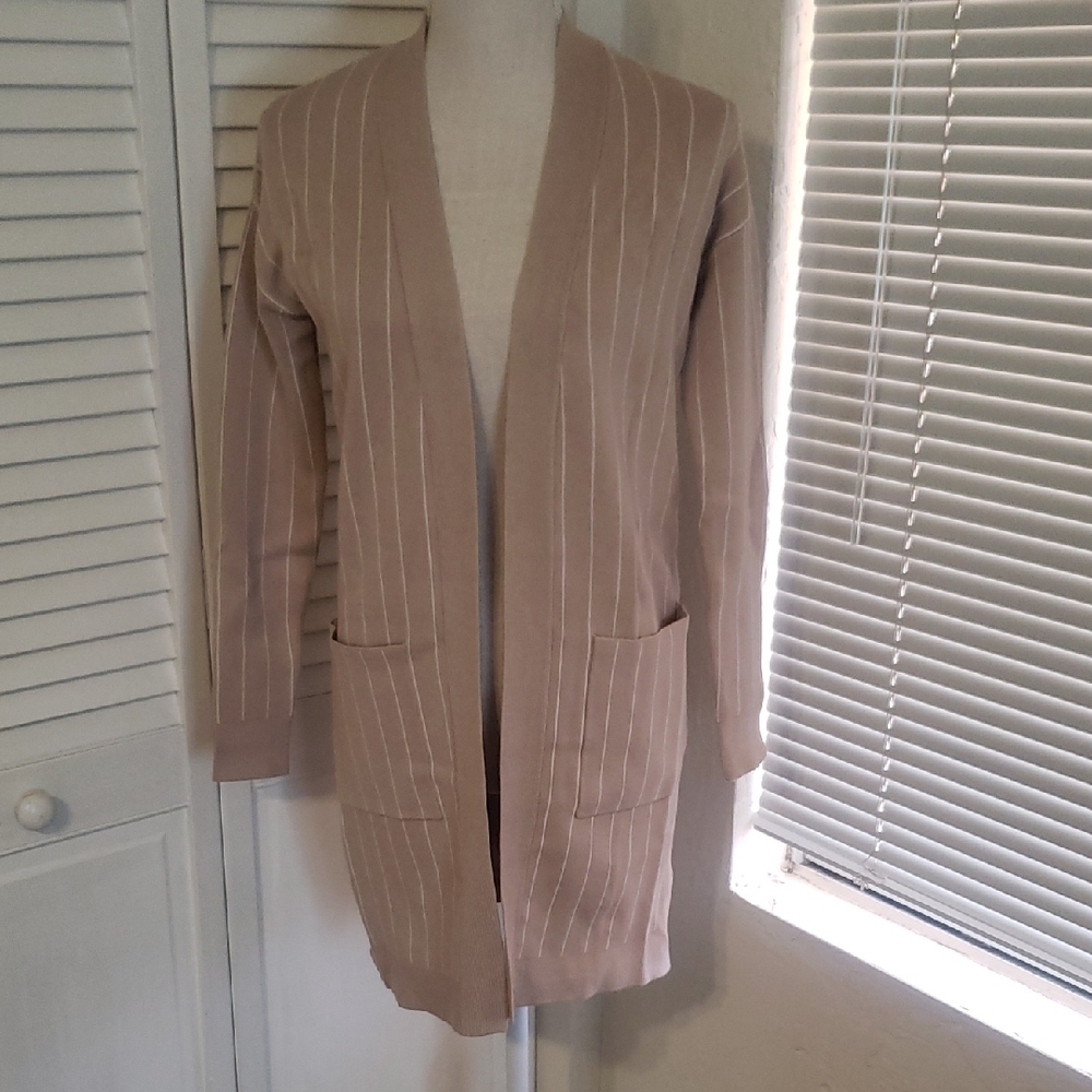 Women's Beige Striped Cardigan Sweater
